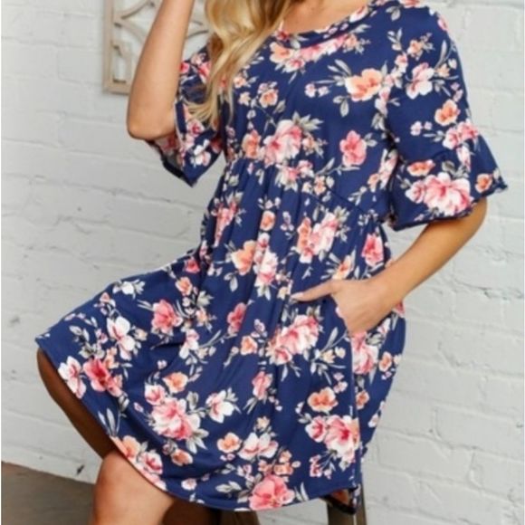 Navy Floral Bell Sleeve Swing Tunic Dress - Picture 4 of 4